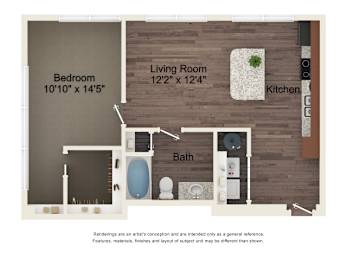 A floor plan of a small apartment with a bedroom, living room, kitchen, and bathroom.
