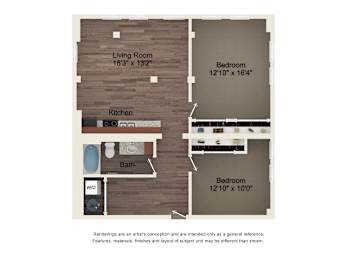 A floor plan of a house with a living room, kitchen, bathroom and two bedrooms.