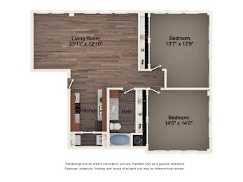A floor plan of a house with a living room, kitchen, bathroom and two bedrooms.