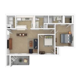 The Parc at Clarksville apartments in Clarksville Tennessee photo of two bedroom floorplan 3D with furniture