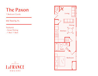 A red floor plan of a one bedroom condo with a living room, dining room, kitchen, and bathroom.