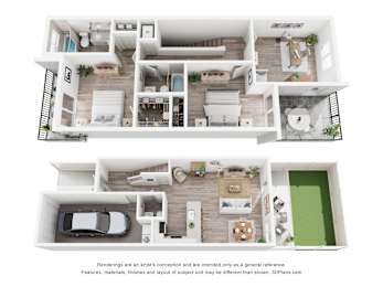 Pearl at Pompano Beach Pompano Beach, Florida floor plan of a two-story house with a living room, kitchen, and bedrooms.
