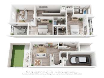 Pearl at Pompano Beach Pompano Beach, Florida floor plan of a two-story house with a living room, kitchen, and bedrooms.