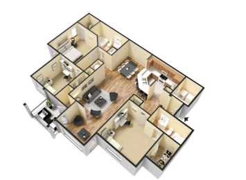 A 3D floor plan of a house with multiple rooms and furniture.