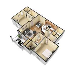 A 3D floor plan of a house with a kitchen, living room, and two bedrooms.