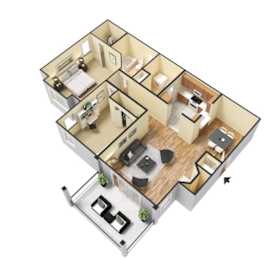A 3D floor plan of a house with a kitchen, living room, and two bedrooms.