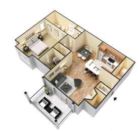 A 3D floor plan of a house with a kitchen, living room, dining room, and bedrooms.