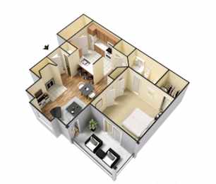 A 3D floor plan of a small apartment with a kitchen, living room, and bathroom.