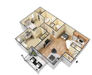 A 3D floor plan of a house with a kitchen, living room, and bedrooms.