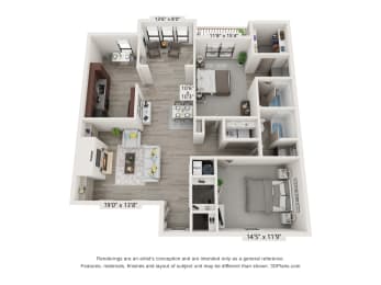 a stylized floor plan of a 1 bedroom192 sq ft