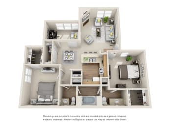 2 Bed - 1.5 Bath, 980 sq ft, The Bordeaux Solarium Floor Plan
