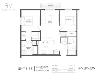 A black and white diagram of a 2 bedroom, 2 bathroom apartment.