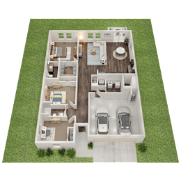 A 3D floor plan of a house with two bedrooms, two bathrooms, a living room, a kitchen, a dining room, and a garage.