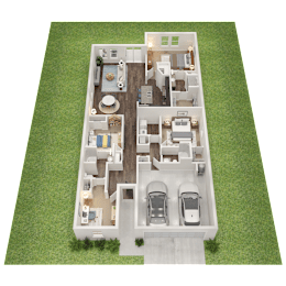 A 3D floor plan of a house with two bedrooms, two bathrooms, a living room, a kitchen, and a garage.