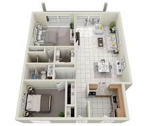 A 3D floor plan of a house with a kitchen, living room, and two bedrooms.