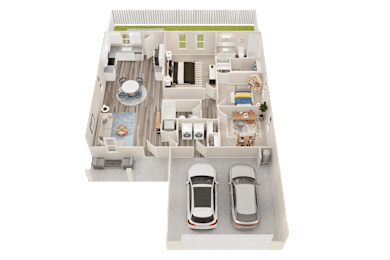 A 3D floor plan of a house with two cars parked in the driveway.