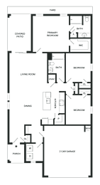 A black and white floor plan of a house with a living room, dining room, kitchen, two bedrooms, a bathroom, a garage and a covered patio.