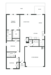 A black and white floor plan of a house with a garage.