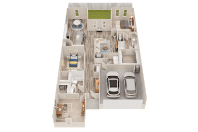 A 3D floor plan of a house with two bedrooms, a living room, a kitchen, a dining room, and two parking spaces.