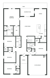 A black and white floor plan of a house with a living room, dining room, kitchen, and several bedrooms.