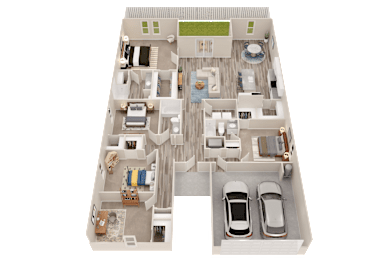 A 3D floor plan of a house with two bedrooms, two bathrooms, a living room, a kitchen, a dining room, and a garage with two cars.