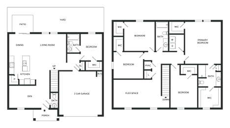 Two black and white floor plans of a house with labeled rooms.