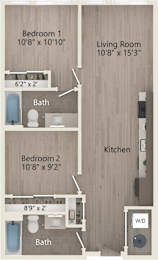 A diagram shows the layout of a small apartment with two bedrooms, a living room, a kitchen, and a bathroom.