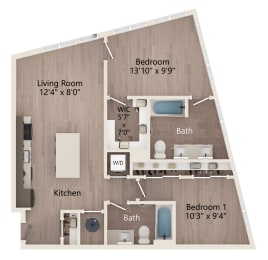 a floor plan of a studio apartment with a bedroom and a living room
