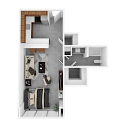 Spacious studio apartment floor plan at Idlewild 45 in Memphis TN with open-concept living and full kitchen