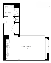 A floor plan of a small apartment with a living room, kitchen, bathroom, and pantry.