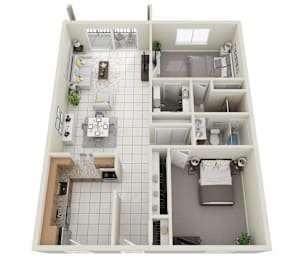A floor plan of a two-story apartment with a kitchen, living room, and bedrooms.