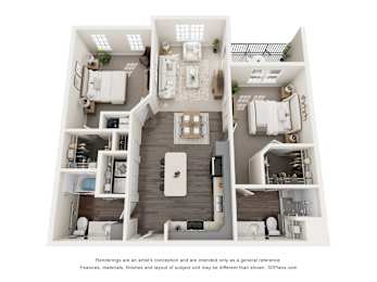 Sage5430_Norcross_Georgia_Apartments 2 x 2 bed & bath 1034 sq ftA 3D floor plan of a house with a kitchen, living room, and two bedrooms.