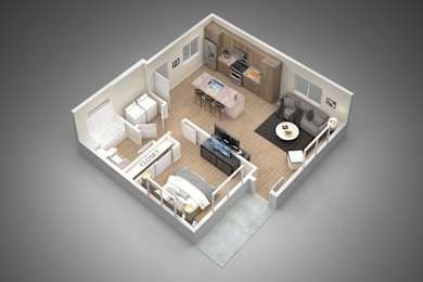A 3D rendered image of a small apartment layout.