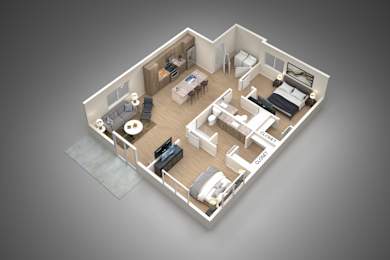 A 3D rendered image of a small apartment layout.