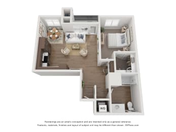 a stylized 3d floor plan with a bedroom and a living room