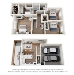 A 3D floor plan of a house with two bedrooms, a living room, a kitchen, and a garage.