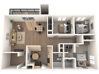 a rendering of a 1 bedroom floor plan with a bathroom and a living room