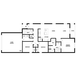 A floor plan of a house with a garage, two bedrooms, a living room, a kitchen, and a dining area.
