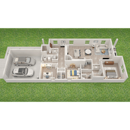 A 3D rendered image of a house layout.