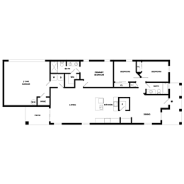 A floor plan of a house with a living room, two bedrooms, a bathroom, and a kitchen.