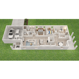 A 3D model of a house with a garage and a driveway.