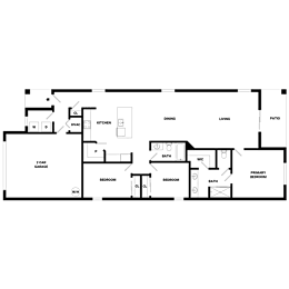A floor plan of a house with two bedrooms, a garage, and a living area.
