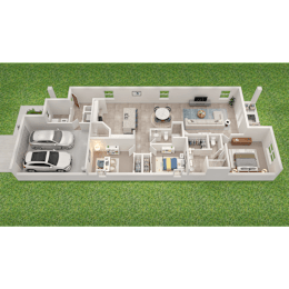 A 3D floor plan of a house with a car parked in the driveway.