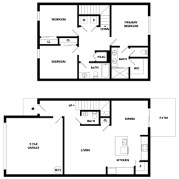 A floor plan of a two-story house with two bedrooms, a living room, a kitchen, a dining area, a patio, a 2 car garage, and a laundry room.