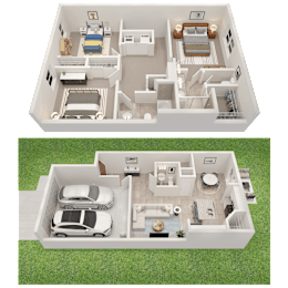 Two floor plan images of a house with a car parked in the driveway.