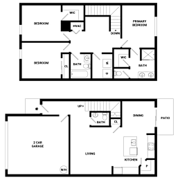 A floor plan of a two-story house with two bedrooms, a living room, a kitchen, a dining area, a garage, and a patio.