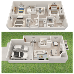 A top-down view of a house plan with a living room, kitchen, and two bedrooms.