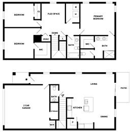 A floor plan of a house with two bedrooms, a garage, a living room, a dining room, a kitchen, a patio, and a primary bedroom.