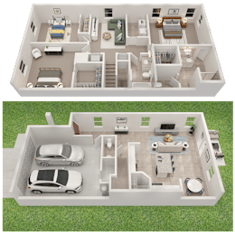 Two floor plans of a house with a car parked in the driveway.