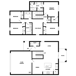 A floor plan of a two-story house with a garage and a living area.